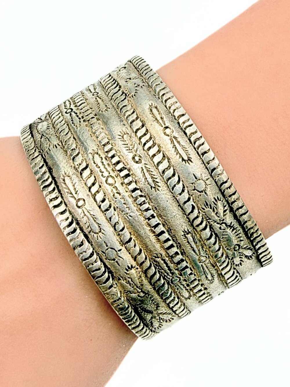 Native American Navajo Hand Stamped Wide Multi Row Sterling Silver Cuff Bracelet